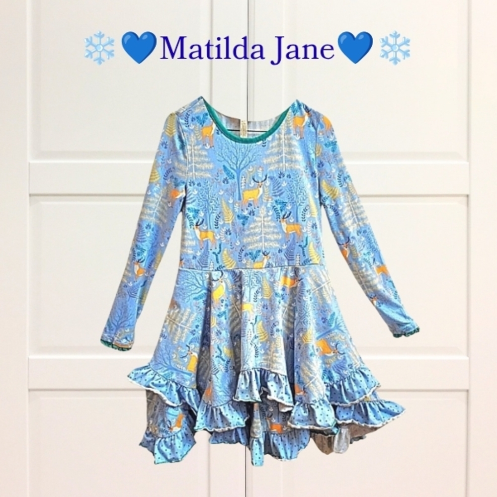 Matilda Jane Blue Christmas Ruffle Dress Like New Beautiful Warm Winter Designs